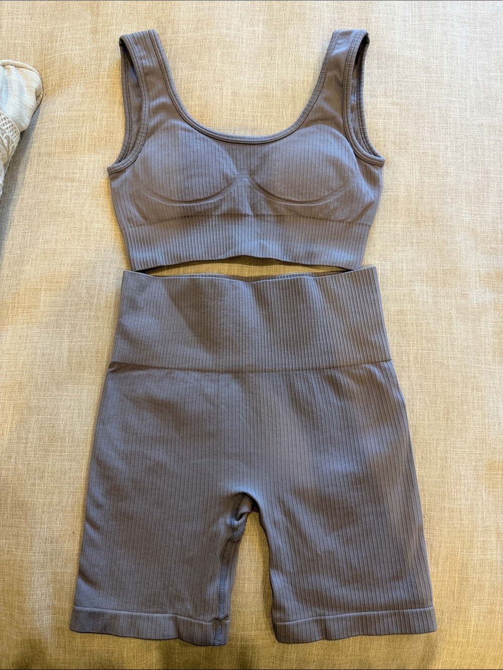 Sacre’ Ribbed Crop Bralette and High-Waist Biker Short Set -